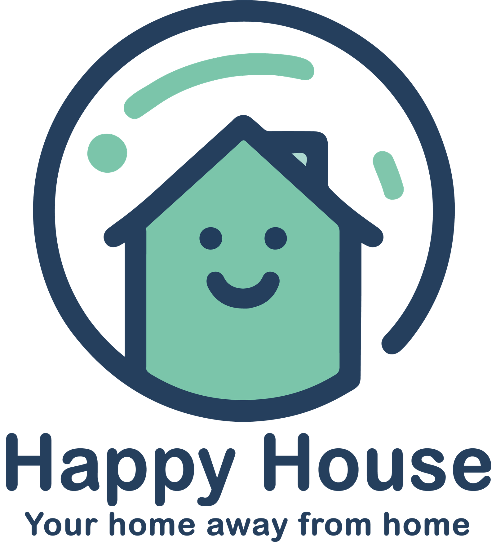 Logo de Happy House con una casa sonriente de color verde dentro de un círculo azul, acompañado del texto "Happy House" y el lema "Your home away from home".