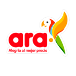 Logotipo de Ara con un diseño colorido que incluye un loro y el eslogan "Alegría al mejor precio".