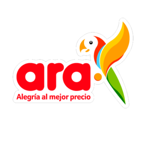 Logotipo de Ara: Alegría y Ahorro Logotipo de Ara con un diseño colorido que incluye un loro y el eslogan "Alegría al mejor precio".
