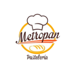Logotipo de Metropan Pastelería con un diseño que incluye un sombrero de chef, un pan estilizado y el texto "Metropan Pastelería" en colores cálidos.